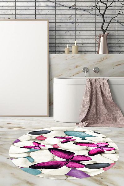 eco concept Covoraș de baie cu model fluture 80cmx80cm rotund, covor de bază anti-alunecare