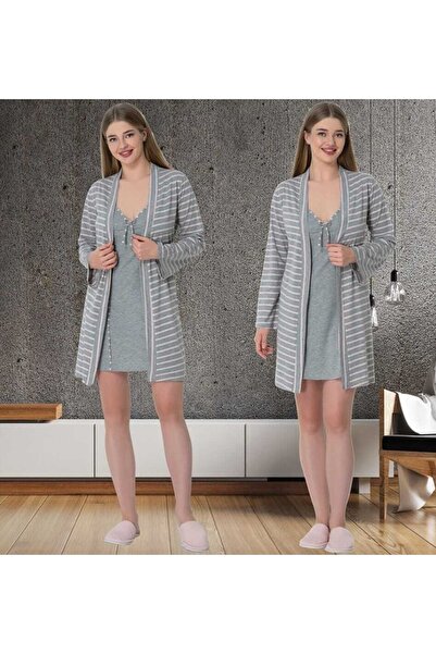 Lohussa Жіночий сірий бавовняний смугастий спортивний халат і нічна сорочка, комплект із 2 предметів