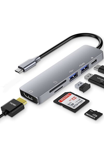 FLAGEN 6 in 1 HDMI SD USB Type-C Hub Girişli Macbook Çevirici PD Şarj Destekli