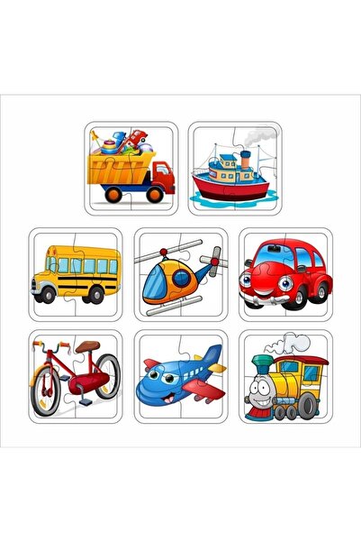 samsunlazer 4 Parça 8'li Set Ahşap Çocuk Puzzle Kamyon- Gemi- Otobüs- Helikopter- Araba- Bisiklet- Uçak- Tren