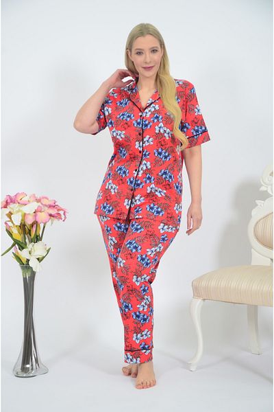 STYLE SENFONİ Women's Front Buttoned Large Size Short Sleeve Pajamas
