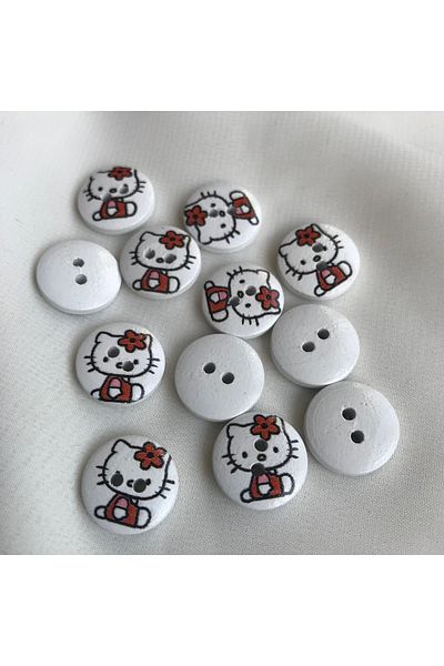Bukle İplik 23 Sizes Hello Kitty Printed White Tree Button - 1.46 cm with Two Holes (20 Pcs)