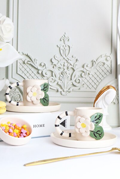 ada mia seramik طقم أكواب سيراميك مصنوع يدويًا مكون من قطعتين مع شكل زهرة 80 مل