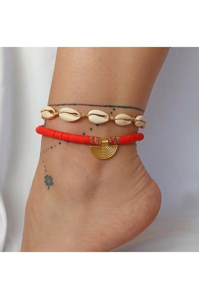 DENİZDENAL Red Set of 2 Anklet Seashell