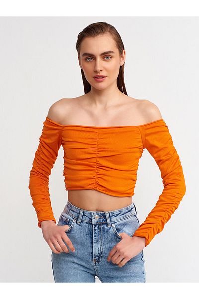 Dilvin 10201 Off the Shoulder Drawstring Sweatshirt-orange