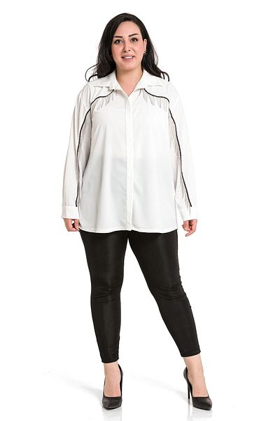 DISENTIS MODEST Large Size Chain Fringe Detailed Hidden Placket White Shirt