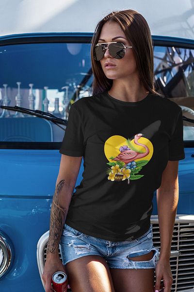 SUNFREE Μαύρο μπλουζάκι με στάμπα Flamingo Regular Unisex