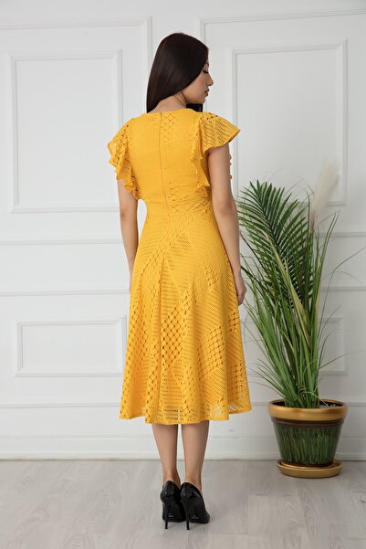 PULLIMM Omuzu Fırfırlı Midi Boy Abiye Elbise 13338