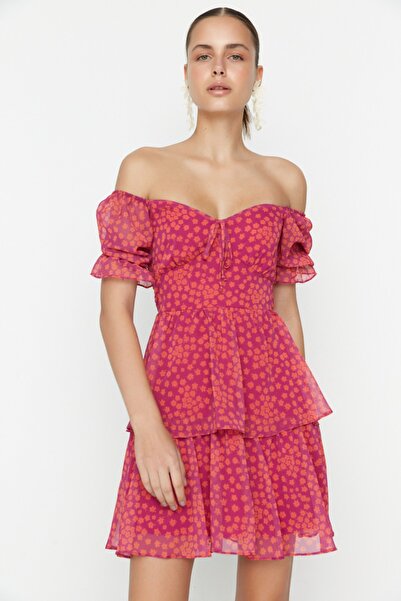 Trendyol Collection Színes virágmintás, fodros sifon miniruha - TWOSS22EL2772