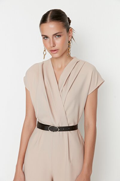 Trendyol Collection Stone Belted Double Breasted Límec Wide Leg tkaný overal TWOSS21TU0004