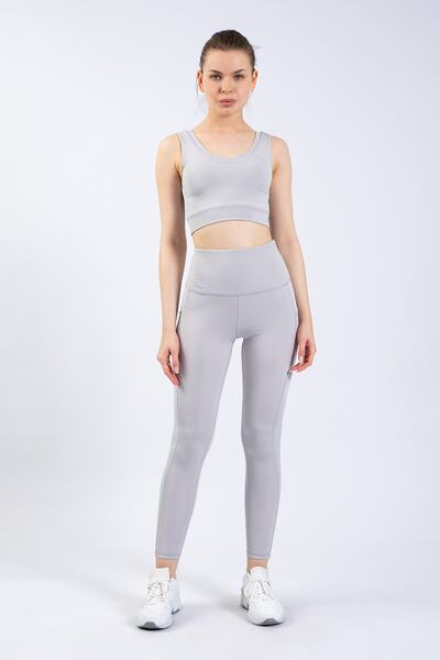 The Step Sports Spocket Kadın Gümüş Gri Cepli Yüksek Bel Toparlayıcı, Sıkılaştırıcı Yoga Tayt 25"