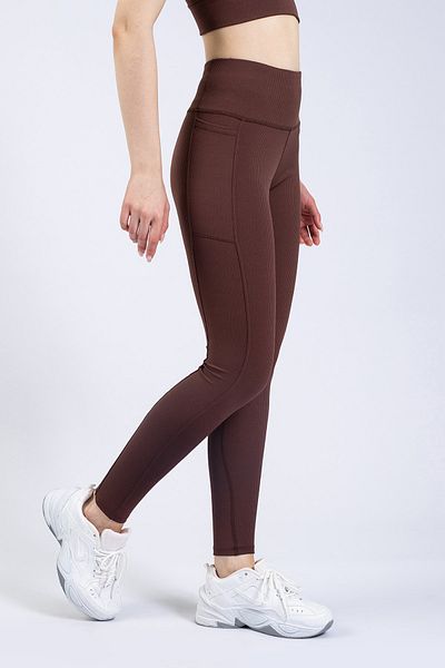 The Step Sports Jambiere sport maro, cu buzunar, cu nervuri, talie înaltă, 25&quot;