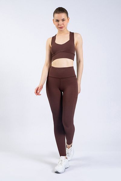The Step Sports Jambiere sport maro, cu buzunar, cu nervuri, talie înaltă, 25&quot;