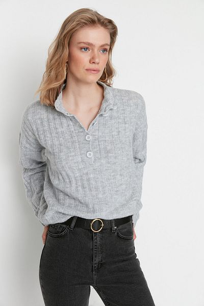 Trendyol Collection Šedý Wide Fit měkký, texturovaný stojáček pletený svetr TWOAW21KZ0783