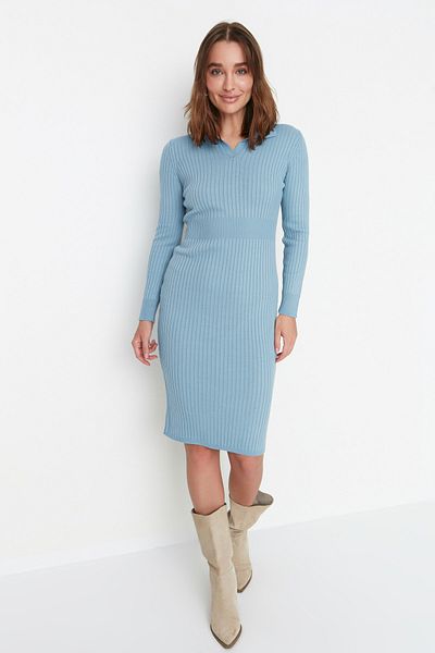 Trendyol Collection Rochie tricot midi albastră cu decolteu polo - TWOAW22EL1376