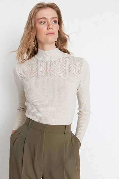 Trendyol Collection Steinfarbener durchbrochener Strickpullover TWOAW21KZ0934