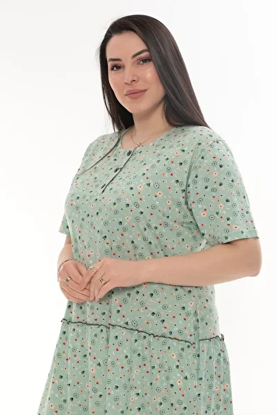 STELLETO Floral Patterned Double Ruffle Green Modal Dress