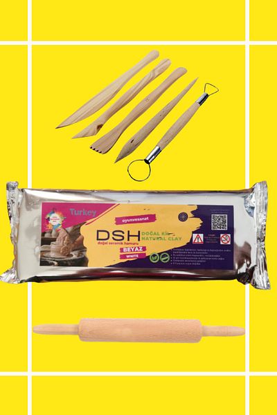 DSH Doğal Seramik Hamuru Ceramic Dough Starter Set 2 - 5 Pieces of Wooden Flowerpot, Wooden Roller, 1000 gr Natural White Clay