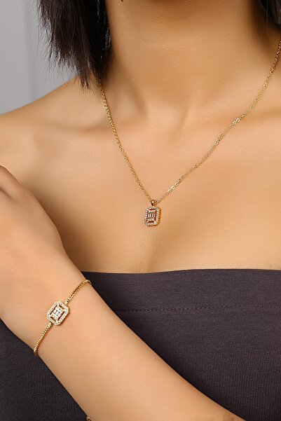 Polo Air قلادة باغيت من حجر الزركون وسوار مع مصعد لون ذهبي