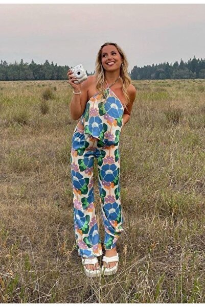 dükkan10butika Γυναικείο Σετ παντελόνι με λουράκι και φουσκωτό μπλε