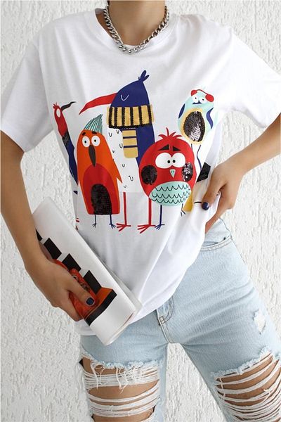 FEMELLE Tricou alb pentru damă, cu decolteu triplu, imprimat cu paiete și brodat