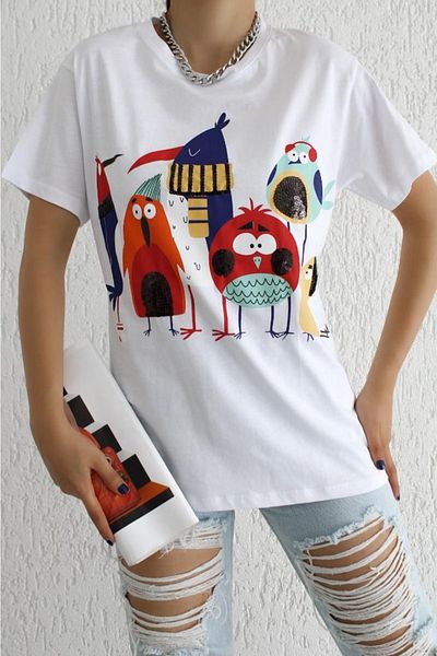 FEMELLE Tricou alb pentru damă, cu decolteu triplu, imprimat cu paiete și brodat