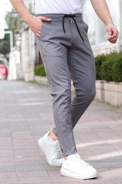 Tarz Cool Matte Gray Men's Eganis Drawstring Jogger Buttoned Fabric Trousers
