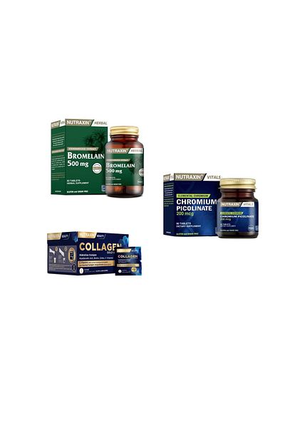 Nutraxin 10000 Mg Collagen 30 Sachets + 500 Mg Bromelain 60 Capsules + Chromium Picolinate 90 Tablets