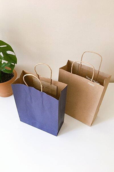 Trend Hediye Sepeti Naturel Büküm Saplı Lacivert Kraft Karton Çanta 4 Adet 18x8x24 2 Renk