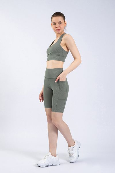 The Step Sports Pantaloni scurți sport cu talie înaltă, verzi, cu buzunar, 8&quot;