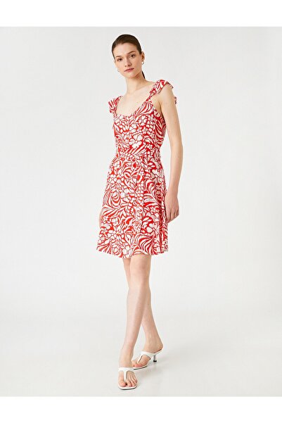 Koton Floral Mini Dress V-Neck Strap Belted