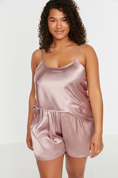 Trendyol Curve Rózsaszín pántos szatén pizsama szett TBBSS22PT00002