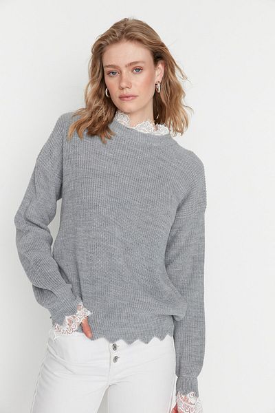 Trendyol Collection Grauer Spitzen-Strickpullover – Tüll gewebt, TWOAW22KZ0207