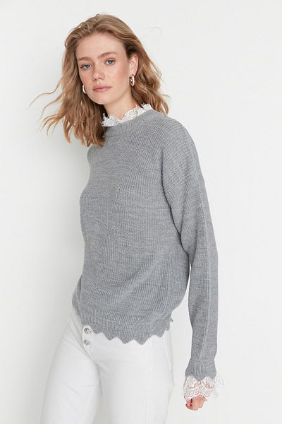 Trendyol Collection Grauer Spitzen-Strickpullover – Tüll gewebt, TWOAW22KZ0207