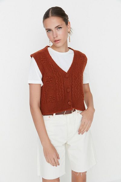 Trendyol Collection Мека плетена жилетка Taba TWOAW22BZ0033