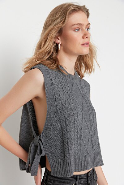 Trendyol Collection Anthracite Knitwear Sweater - Crop Cut, Side Ribbon and Tie Detailed Twoaw22Sv0058