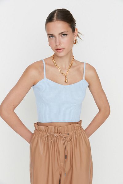 Trendyol Collection Set de tricotaje bluză-cardigan cu cravată detaliată albastru deschis TWOSS21HI0002