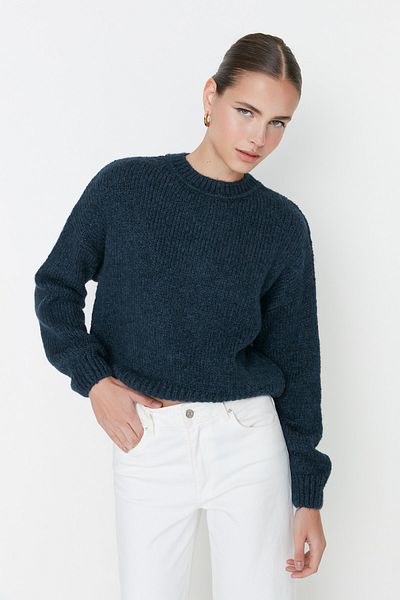 Trendyol Collection Pulover de tricotaj de bază cu textura moale, cu tăiere largă, albastru TWOAW23KZ00185