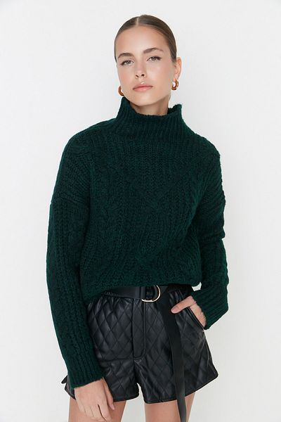 Trendyol Collection Pulover de tricotaj verde smarald cu potrivire largă - textura moale TWOAW20KZ0171
