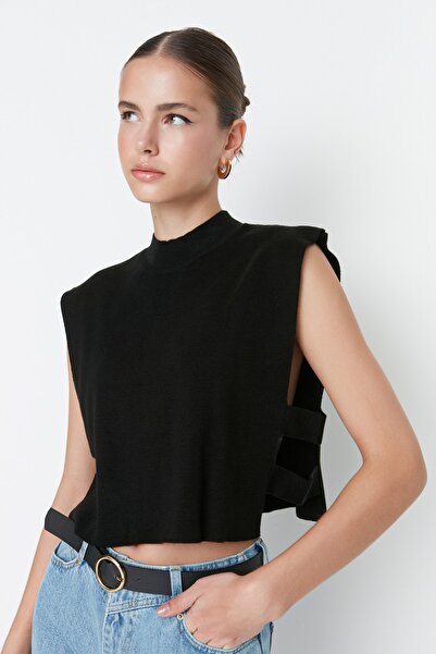 Trendyol Collection Black Super Crop Knitwear Sweater with Side Tape Detail TWOAW20BZ0929
