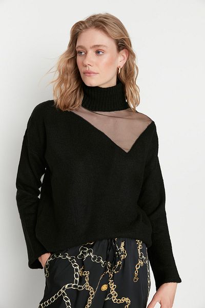 Trendyol Collection Pulover negru din tricot cu textura moale din tul TWOAW20KZ1037