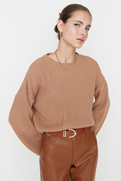 Trendyol Collection Πλεκτό πουλόβερ Spanish Sleeve Camel Crop - TWOAW20KZ0743