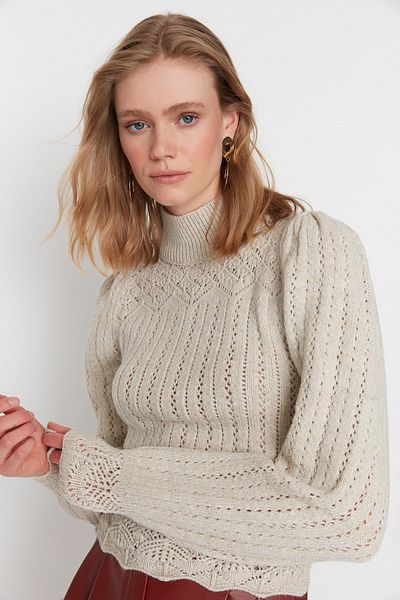 Trendyol Collection Stein Durchbrochene/Loch Stehkragen Strickpullover TWOAW21KZ0034