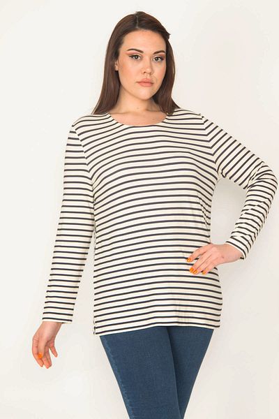 Şans Women's Large Size Bone Back Patterned Striped Blouse 65n32691