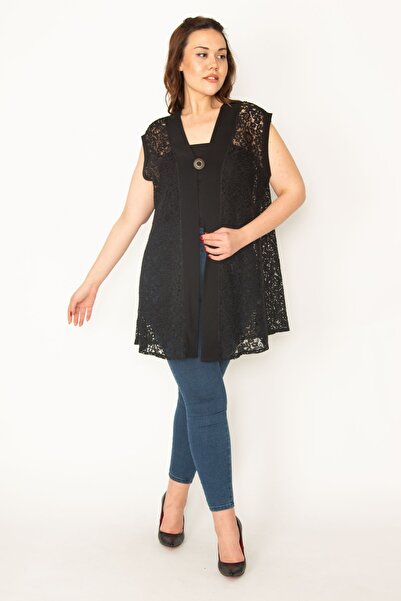 Şans Women's Large Size Black Stoned Brooch Buttoned Lace Cardigan 65n32724