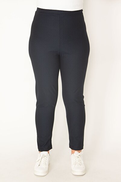 Şans Women's Large Size Navy Blue Self Patterned Trousers 65n32721