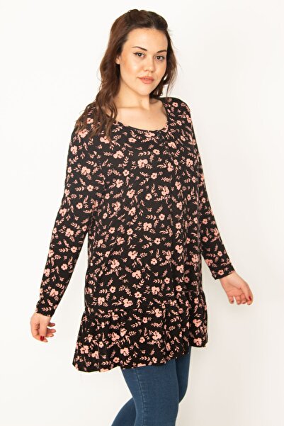 Şans Women's Large Size Black Front Buttoned Hem Tiered Tunic 65n32773