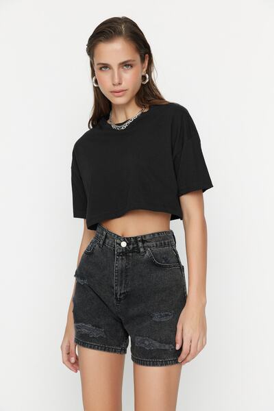 Trendyol Collection Anthracite Ripped Denim Shorts TWOSS22SR00144