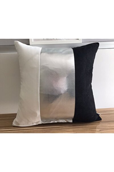 KIRLENTİM Siyah-beyaz Ortada Kalın Gümüş Varak Bant Kırlent Kılıfı