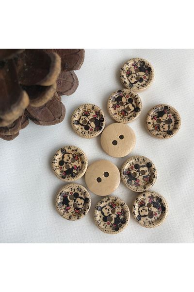 Bukle İplik Mickey&Minnie Striped Character Printed 1.46 cm Tree Button - Baby Button, 20 Pcs